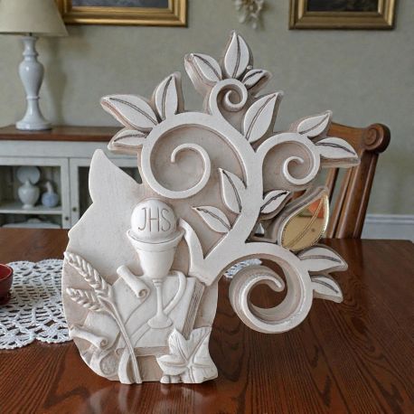 ICONA ALBERO CON CALICE E OSTIA E FOGLIE DORATE PER PRIMA COMUNIONE