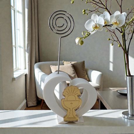 SEGNAPOSTO A CUORE CON CALICE E OSTIA PER BOMBONIERE COMUNIONE