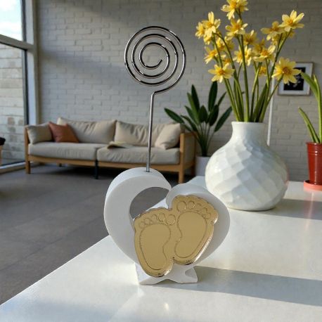 PORTAMEMO A CUORE CON PIEDINI DORATI PER BOMBONIERE NASCITA