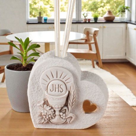 DIFFUSORE A FORMA DI CUORE CON CALICE E OSTIA PER BOMBONIERE COMUNIONE