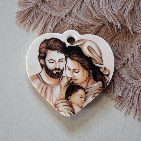CIONDOLO CUORE CON SACRA FAMIGLIA: SEGNAPOSTO BATTESIMO