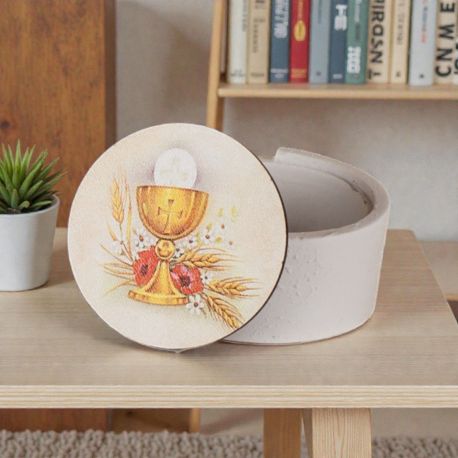 SCATOLINA CON ROSARIO E CALICE: BOMBONIERA UNICA PER LA COMUNIONE