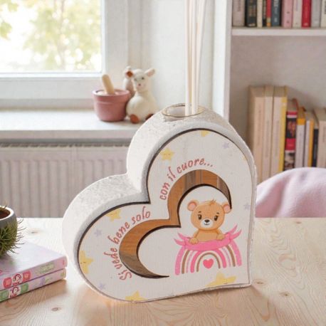 PROFUMATORE CUORE CON ORSETTO E ARCOBALENO ROSA PER BATTESIMO BAMBINA