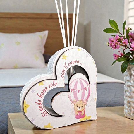 PROFUMA AMBIENTI CUORE CON ORSETTO E MONGOLFIERA BATTESIMO FEMMINUCCIA