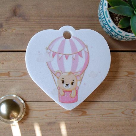 BOMBONIERA CUORE CON MONGOLFIERA E ORSETTO PER NASCITA BAMBINA
