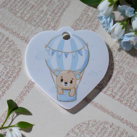 CUORE A CIONDOLO CON MONGOLFIERA CELESTE: BOMBONIERA NASCITA UNICA