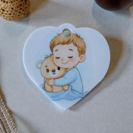 CIONDOLO A FORMA DI CUORE CON ORSETTO E BIMBO PER BATTESIMO E NASCITA