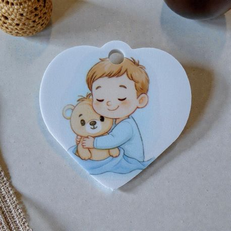 CIONDOLO A FORMA DI CUORE CON ORSETTO E BIMBO PER BATTESIMO E NASCITA