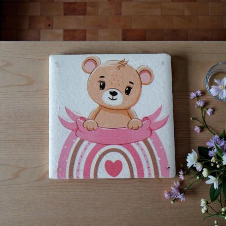 BOMBONIERA CALAMITA ORSETTO E ARCOBALENO ROSA PER NASCITA E BATTESIMO