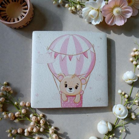 BOMBONIERA CALAMITA MONGOLFIERA ROSA CON ORSETTO PER BATTESIMO