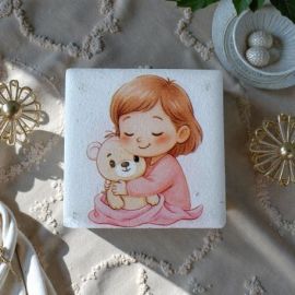 CALAMITA CON BIMBA E ORSETTO ROSA PER BOMBONIERE NASCITA E BATTESIMO