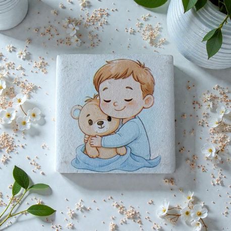 BOMBONIERA CALAMITA ORSETTO E BAMBINO PER NASCITE E BATTESIMI