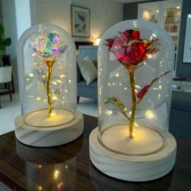 LAMPADA LED ROSA IN TECA DI VETRO PER BOMBONIERE TEMA FAVOLA BELLA E LA BESTIA