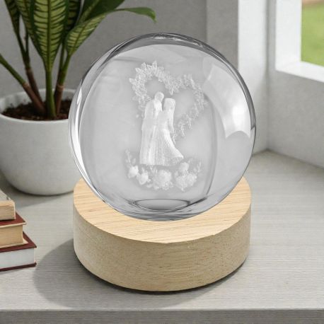 LAMPADA LED A SFERA CON BASE IN LEGNO PER BOMBONIERA ROMANTICA