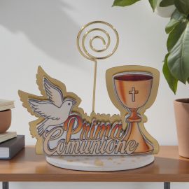 MEMOCLIP IN LEGNO PRIMA COMUNIONE CON COLOMBA E CALICE IDEA BOMBONIERA
