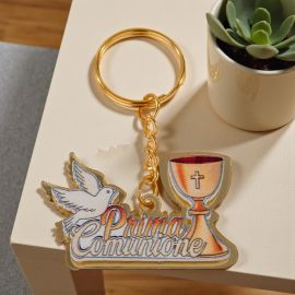 PORTACHIAVI PER PRIMA COMUNIONE CON SIMBOLI SACRI CALICE E SCRITTA
