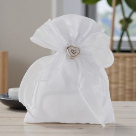 SACCHETTINO IN ORGANZA BIANCO CON CUORICINO DORATO E STRASS PORTACONFETTI ORIGINALI PER MATRIMONIO