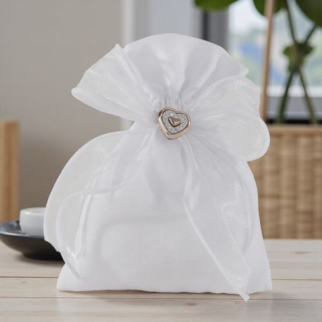 SACCHETTINO IN ORGANZA BIANCO CON CUORICINO DORATO E STRASS PORTACONFETTI ORIGINALI PER MATRIMONIO