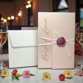 PARTECIPAZIONE TRASPARENTE CON CARTONCINO PESCO PER NOZZE