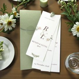 INVITO DI MATRIMONIO UNICO CON 3 BIGLIETTI VERDE SALVIA PER SPOSI