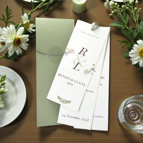 INVITO DI MATRIMONIO UNICO CON 3 BIGLIETTI VERDE SALVIA PER SPOSI