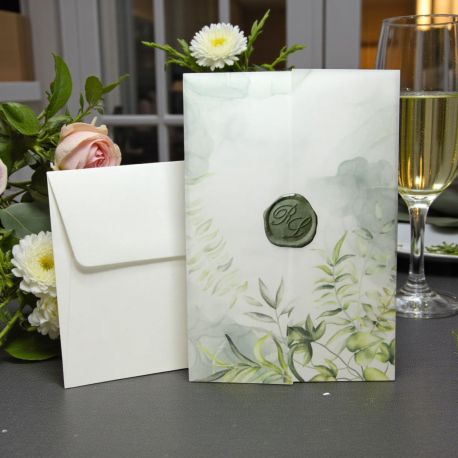 INVITO TRASLUCIDO CON FOGLIE VERDI PER MATRIMONIO PARTECIPAZIONI