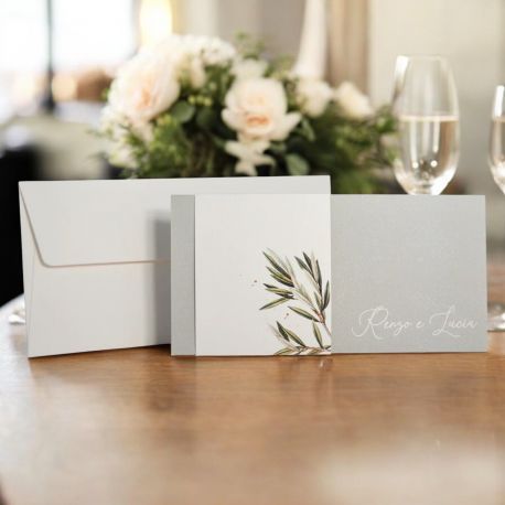 INVITO RETTANGOLARE CON FASCIA E FOGLIE PER MATRIMONI UNICI