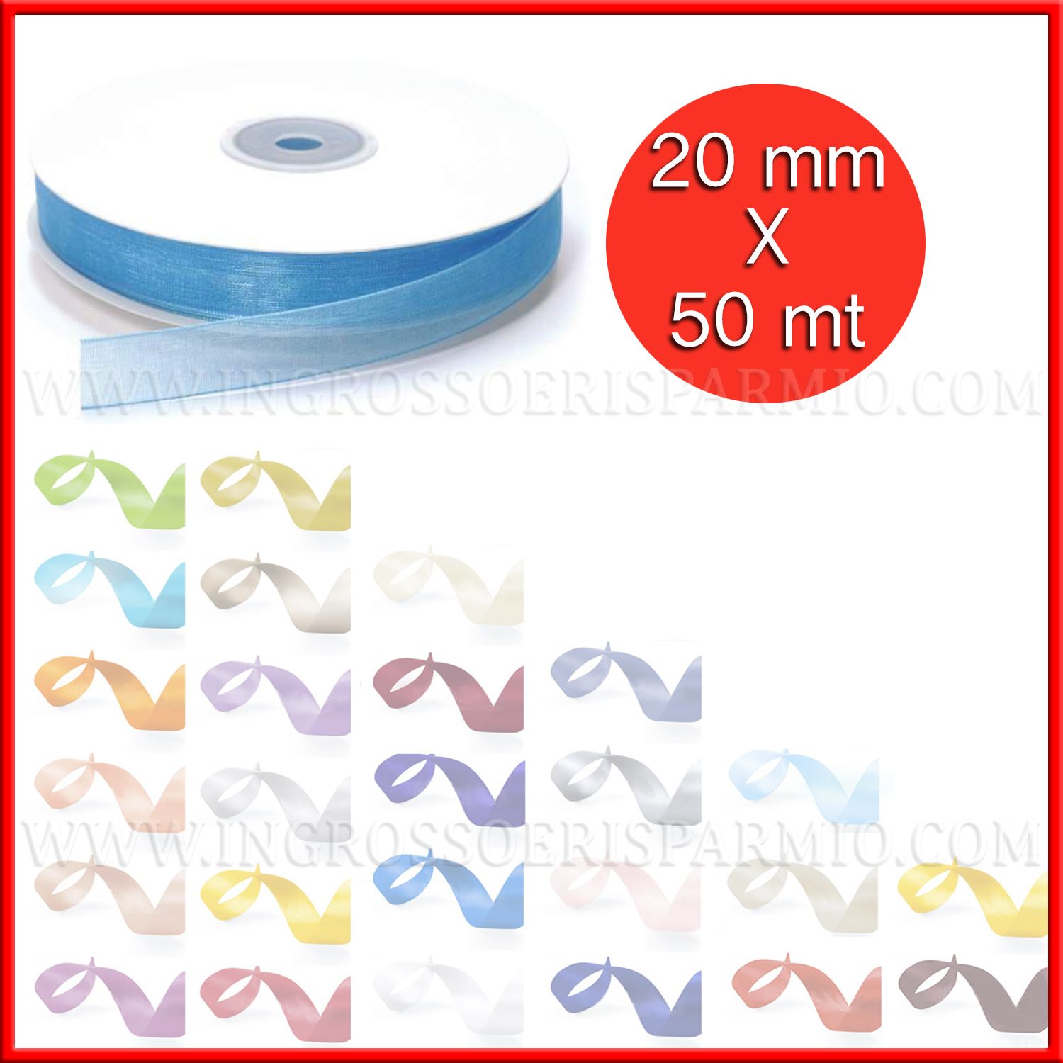 NASTRI DECORATIVI IN ORGANZA 20 MM X 50 MT VARI COLORI STOCK