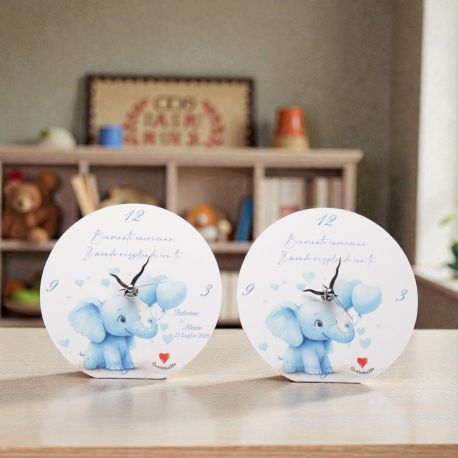 OROLOGIO PERSONALIZZABILE CON ELEFANTINO CELESTE E PALLONCINI PER BATTESIMO