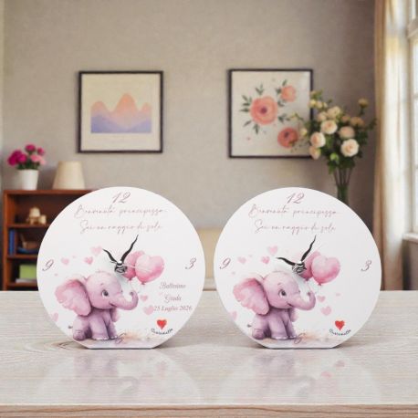 OROLOGIO CON TENERO ELEFANTINO ROSA CON PALLONCINI, BOMBONIERE BIMBA BATTESIMO