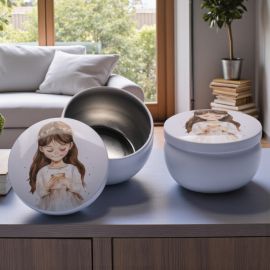 BOMBONIERA SCATOLA IN LATTA CON BIMBA E CALICE PER PRIMA COMUNIONE