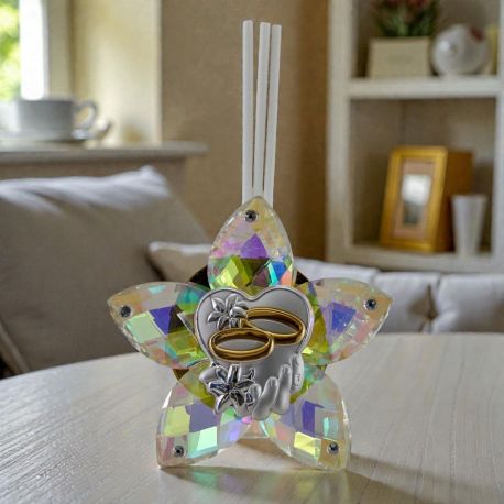 BOMBONIERA PROFUMATORE AMBIENTE A FORMA DI FIORE CON CUORE E FEDI DORATE