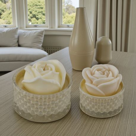 BOMBONIERA PORTACANDELA IN VETRO DIAMANTATO CON CANDELA A FORMA DI ROSA