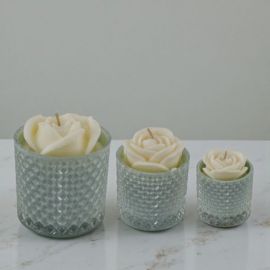 PORTACANDELA IN VETRO DIAMANTATO CON CANDELA COLOR AVION A FORMA DI ROSA