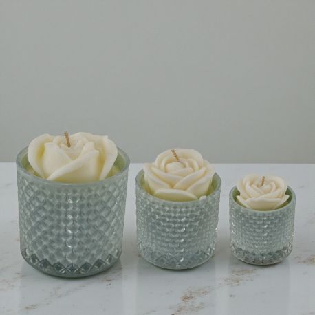 PORTACANDELA IN VETRO DIAMANTATO CON CANDELA COLOR AVION A FORMA DI ROSA