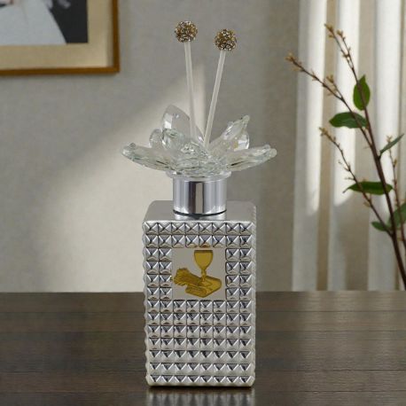 DIFFUSORE ESSENZA CON FIORE SWAROVSKY SIMBOLI SACRI PRIMA COMUNIONE COLOR ARGENTO