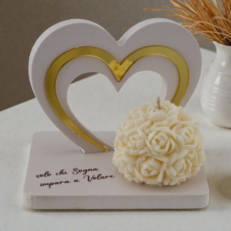 CANDELA CON ROSE E CUORE BOMBONIERA PER MATRIMONIO ED ANNIVERSARIO