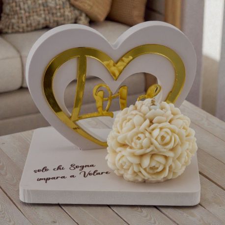 CANDELA CON ROSE E CUORE SCRITTA LOVE E FRASE BOMBONIERE ROMANTICHE EVENTO