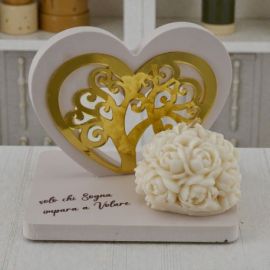 CANDELA CON ROSE E ALBERO DELLA VITA CUORE ORO FRASE PER NOZZE