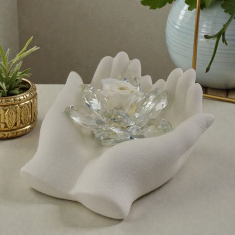 BOMBONIERA MANO CON FIORE IN SWAROVSKI E ROSA CENTRALE PER MATRIMONIO