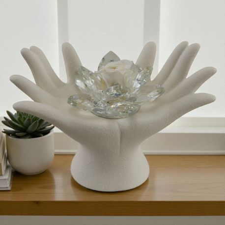 BOMBONIERA MANI UNITE CON FIORE IN SWAROVSKI E ROSA BIANCA PER MATRIMONIO