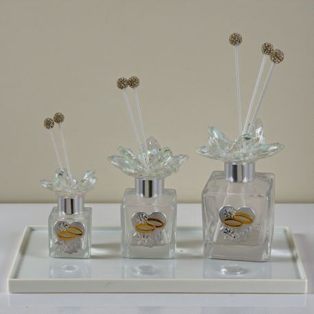 DIFFUSORE AMBIENTE CON TAPPO ARGENTO E FIORI SWAROVSKI CON FEDI COLOR ORO