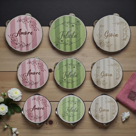 TAMBURELLO IN LEGNO CON SCRITTE AMORE FELICITÀ E GIOIA ASSORTITI