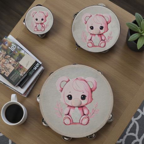 TAMBURELLO CON ORSETTO SEDUTO IDEALE PER BOMBONIERE BATTESIMO FEMMINUCCIA