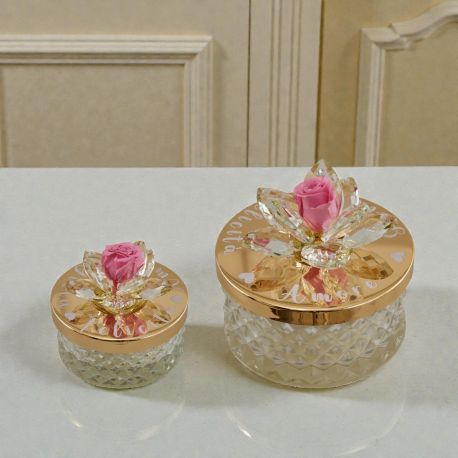 BOMBONIERA PORTACANDELA IN VETRO CON FIORE SWAROVSKI E BOCCIOLO ROSA