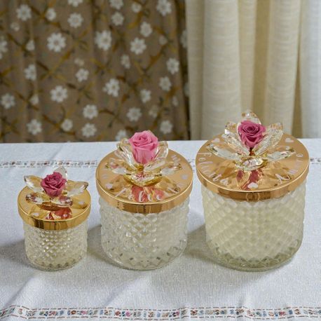 CANDELA E PORTACANDELA IN VETRO DIAMANTATO CON FIORE SWAROVSKI CON BOCCIOLO ROSA CHERRY