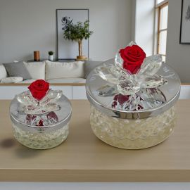 PORTACANDELA IN VETRO DIAMANTATO CON FIORE SWAROVSKI E ROSA ROSSA