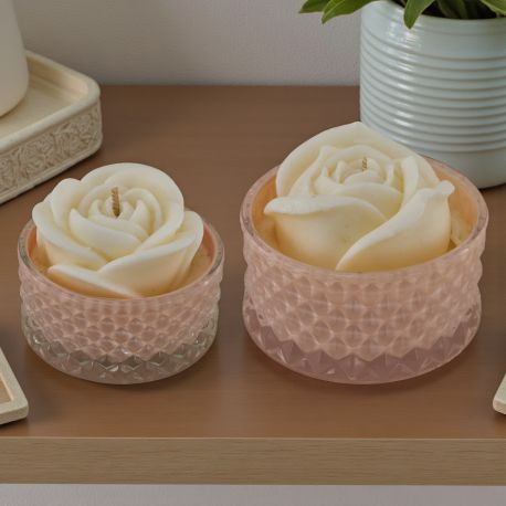 CANDELA PROFUMATA A FORMA DI ROSA COLOR CIPRIA IN PORTACANDELA DIAMANTATO