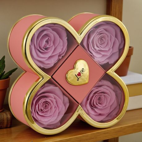 SCATOLA ROSA QUADRIFOGLIO CON ROSE STABILIZZATE PER SAN VALENTINO
