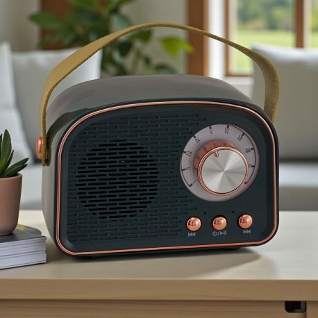 SPEAKER BLUETOOTH UNIQUE A FORMA DI RADIO IN NERO E RAME: REGALO UNICO